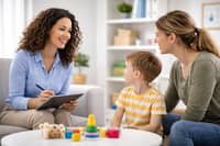 Clinician meeting with a parent and child for an assessment