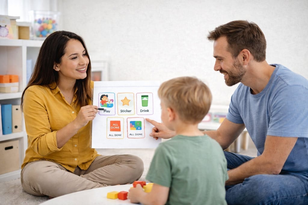 Therapist coaching a parent and child with a visual activity board