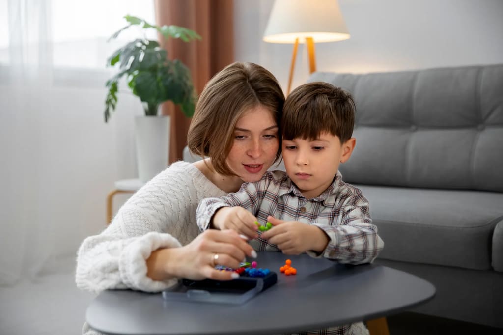 Parent and child playing on a couch with colorful toys at home