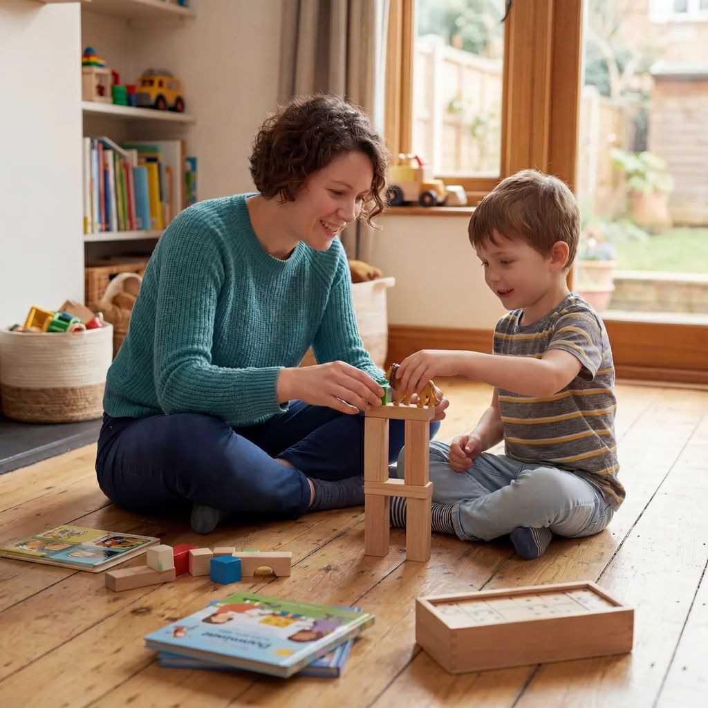 Parent and young child building with wooden blocks together at home