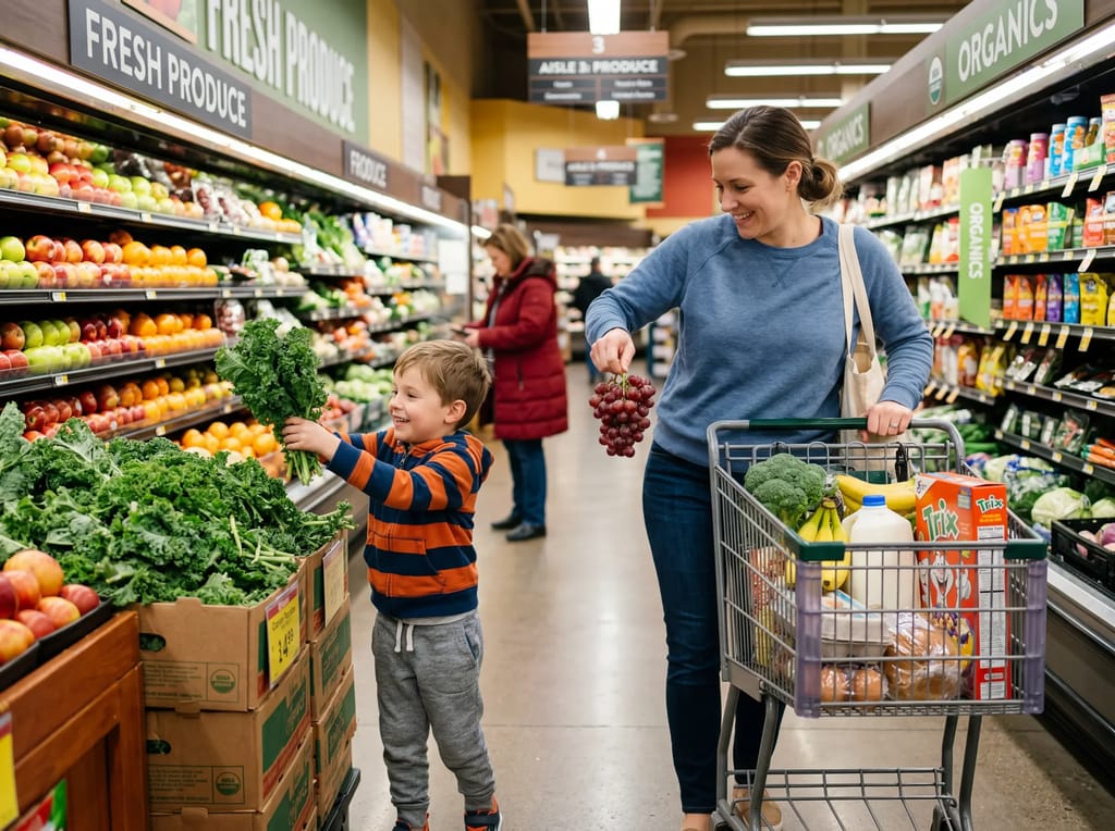 Parent and child shopping for fresh produce at a grocery store