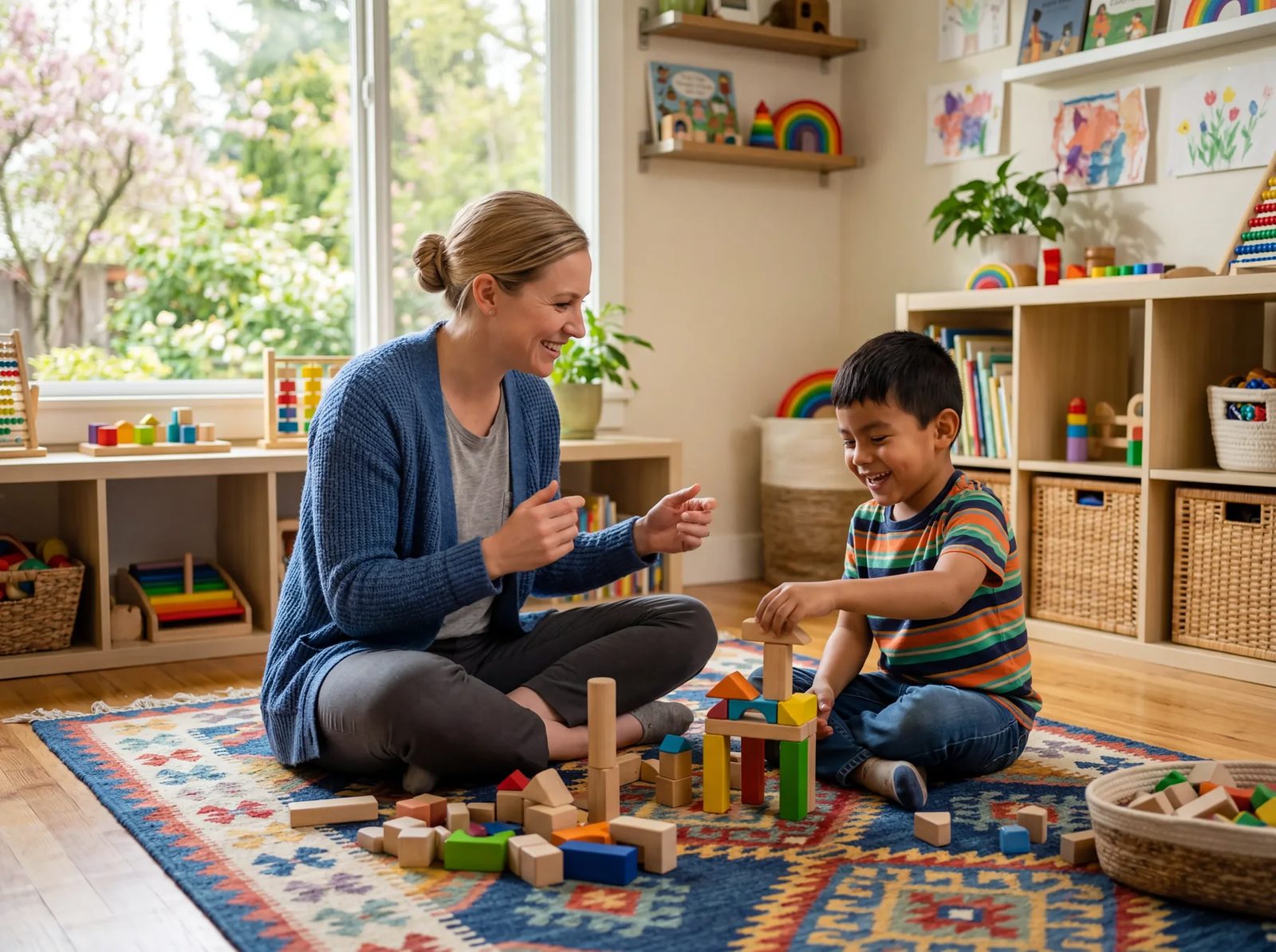 Therapist and child stacking wooden blocks on the floor at home