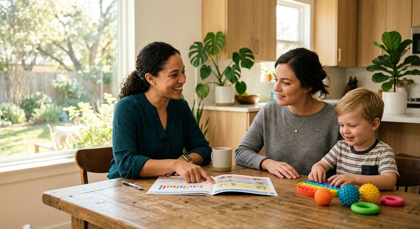 Hidden Light ABA therapist working with a child and parent at home