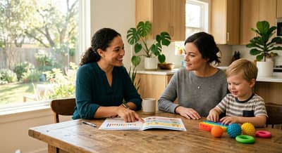 Hidden Light ABA therapist working with a child and parent at home