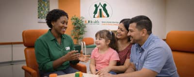 Consultant meeting with parents and a child at the Mailman Center